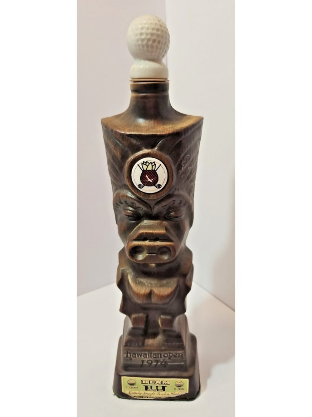 Vtg Jim Beam 1974 United Air Lines Hawaiian Open Brown Tiki Decanter Empty
